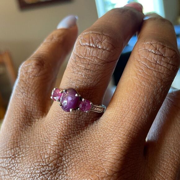 Ruby Ring Three Stone Platinum Sterling Silver Jewelry  Gemstone Birthstone - Picture 1 of 12